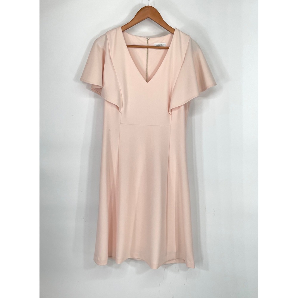 Calvin Klein Women Dress 12 Fit & Flare Pink Flutter Sleeve V-Neck Glam Chic